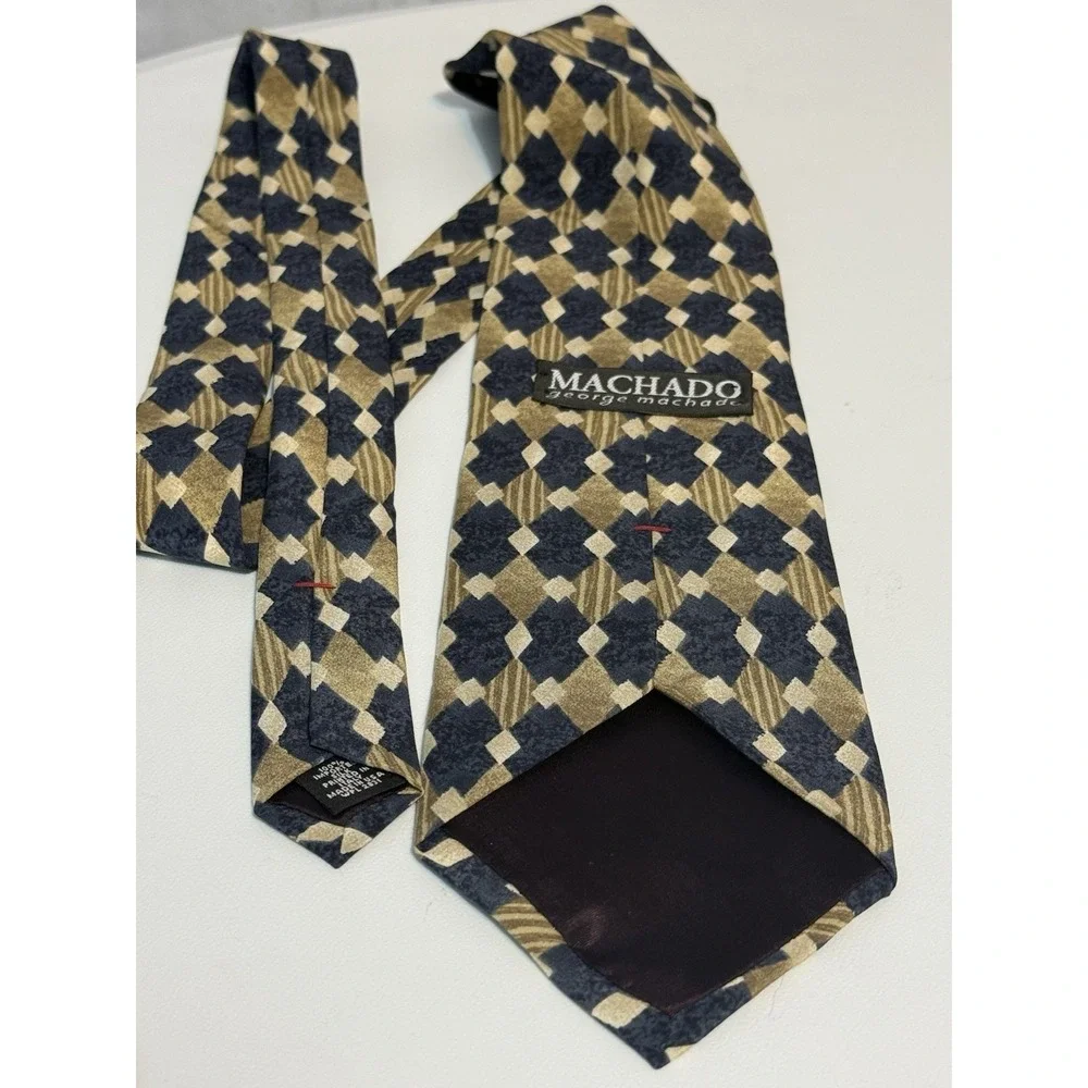 Vintage 90s George Machado Silk Tie Geometric Diamond Pattern Made in USA